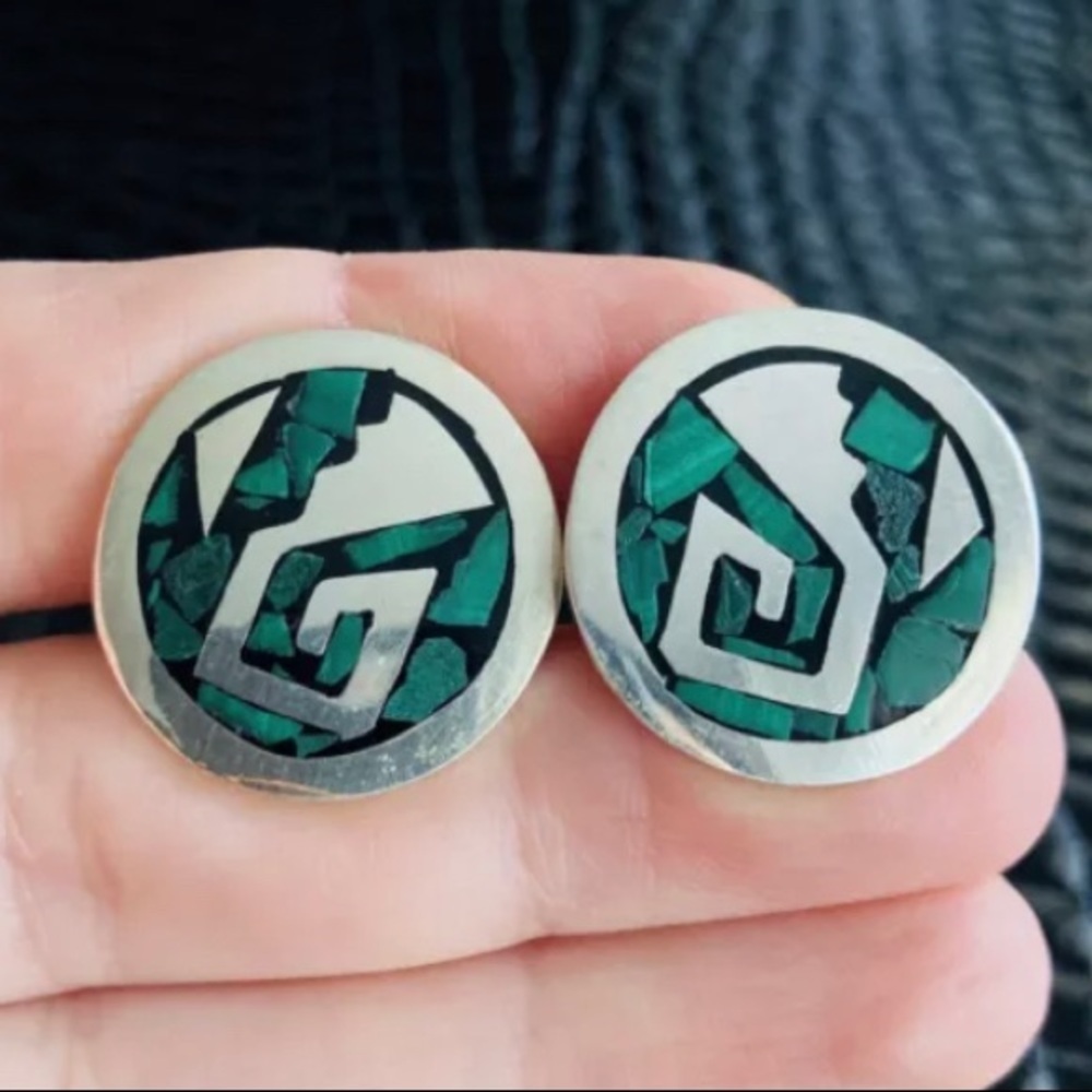 MALACHITE MOSAIC STERLING SILVER ROUND CUFFLINKS - Picture 2 of 4